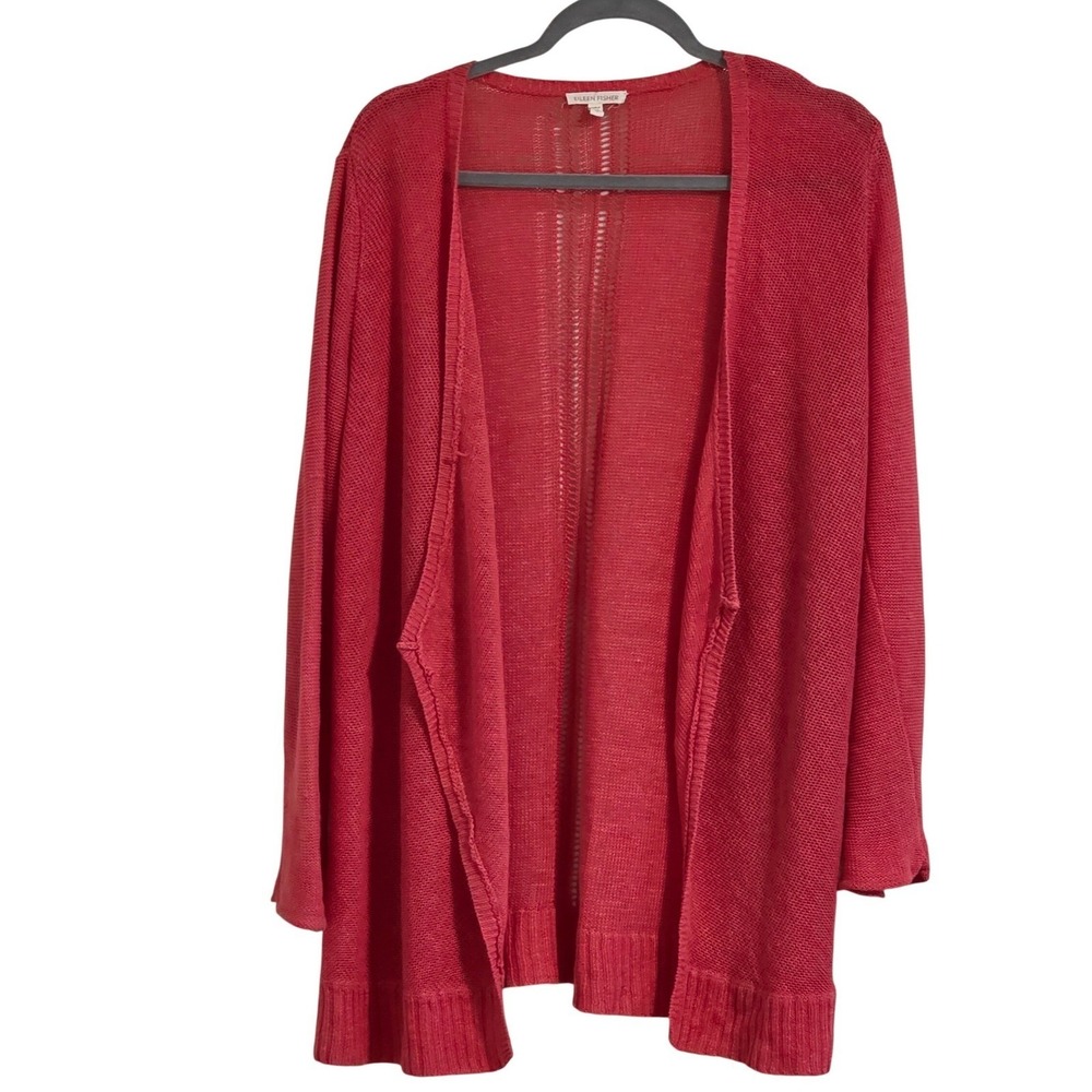 Eileen Fisher Cardigan Women Medium Coral Red Linen Mesh Open Front Sweater Read